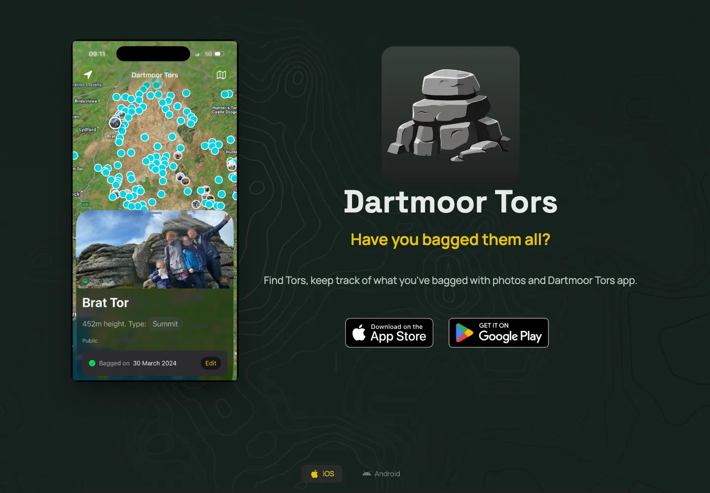 The Dartmoor Tors website, showing the app icon beside a phone displaying the tors map with bagged summits pinned across Dartmoor