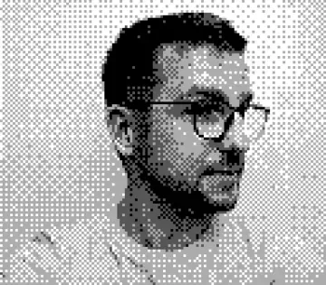 Michael, in glasses, rendered as a black and white halftone portrait